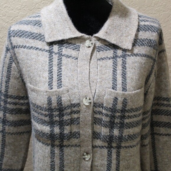Jessica Simpson Plaid Long Button Cardigan Wool Bleed Sweater Brown Gray Small S - Picture 2 of 16